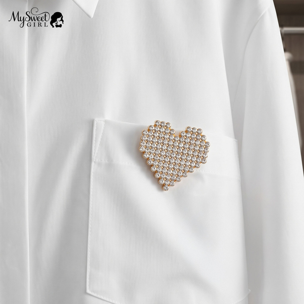 Heart Shaped Brooch Pin with Rhinestone Golden Plated Love for Women – Elegant Jewelry Accessory for Clothing Suits fo