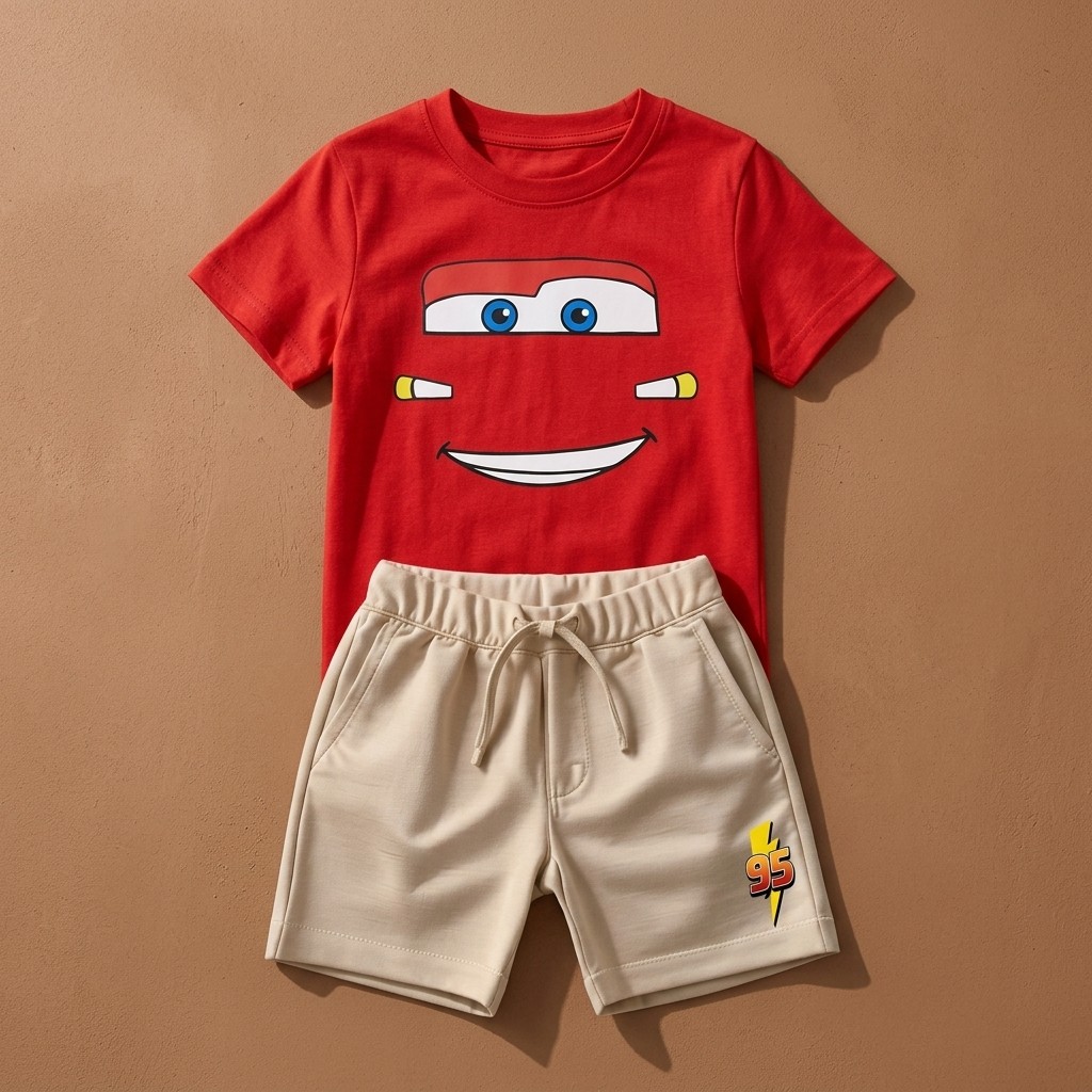 Conjunto Infantil Camiseta e Short Moletinho Rosto Carros Mc Queen Relâmpago Festa Tematica