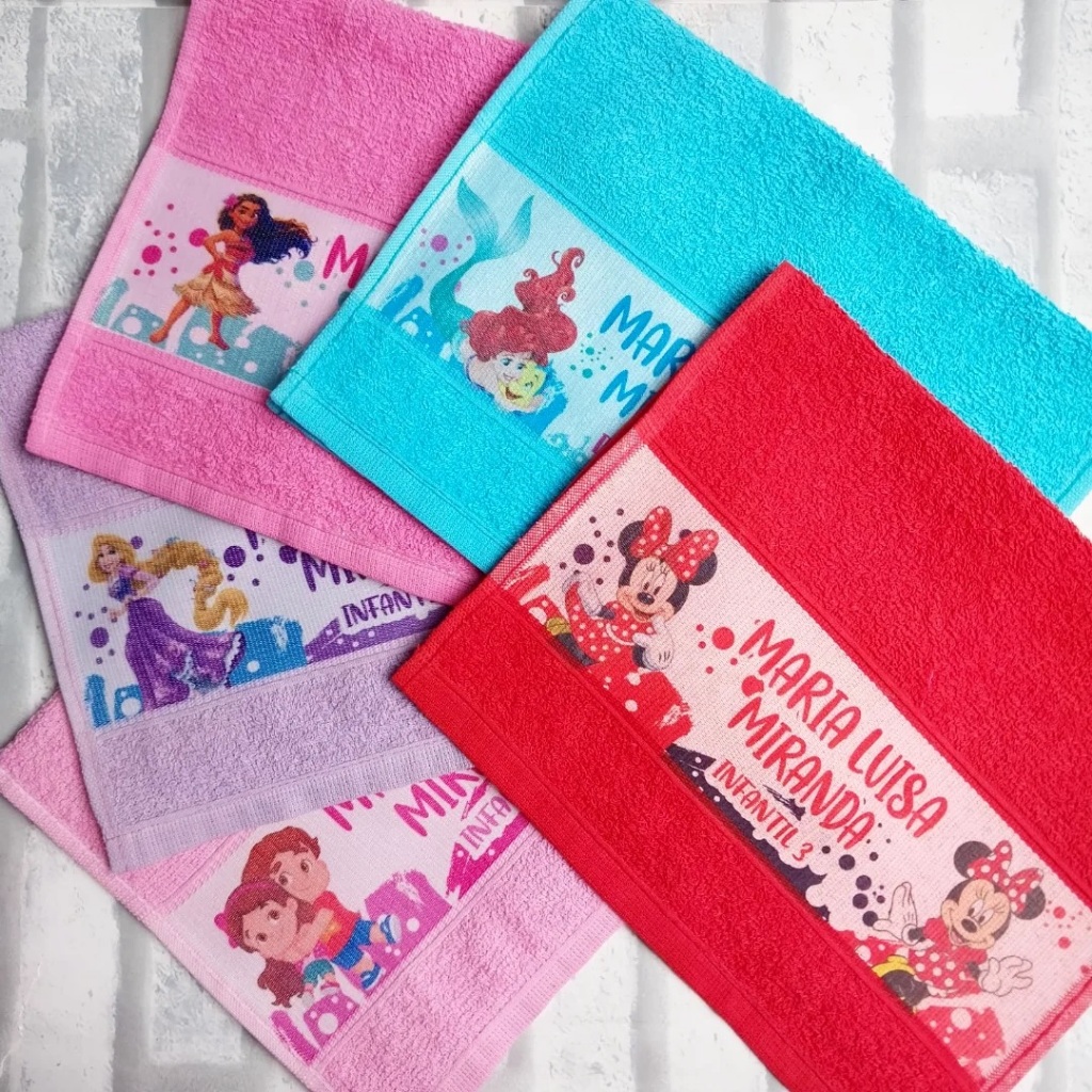 Kit 3 toalhas de boca lavabinho infantil escolar personalizada personagens menino menina