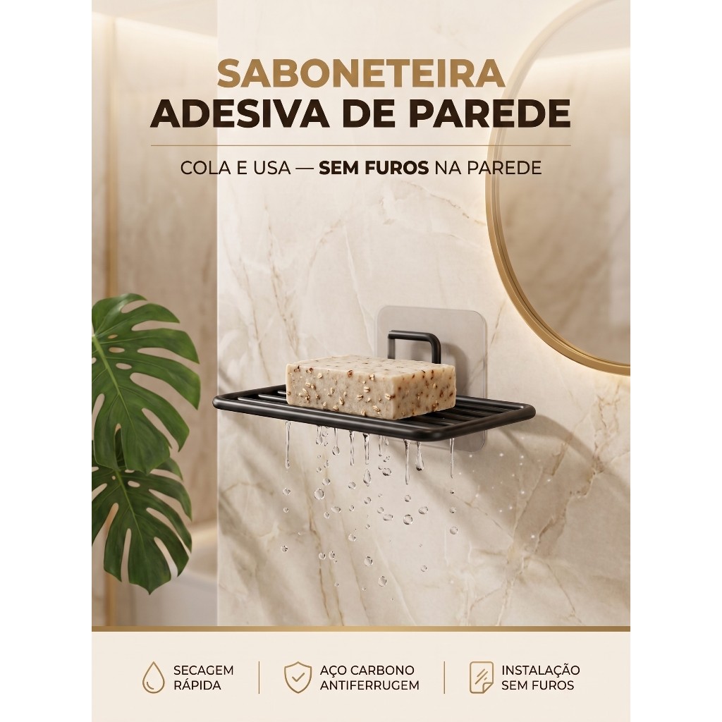 Saboneteira Adesiva Banheiro Pia Box Elegante Resistente Luxo Aço Carbono Sem Furar Preto