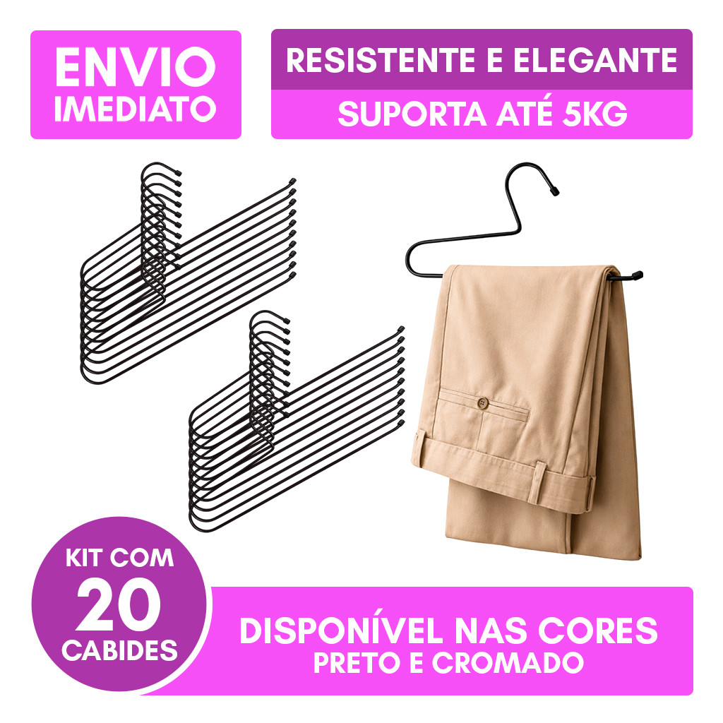 Kit 20 Cabides Calça Aberto Calceiro Resistente Elegante Luxo Aço Carbono Aramado 5kg Preto
