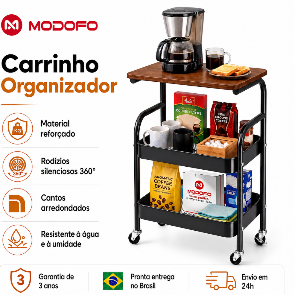 【MODOFO】 Carrinho Organizador 3 Andares em Aço Carbono I Rodinhas com Freio,Design Elegante e Alta Durabilidade