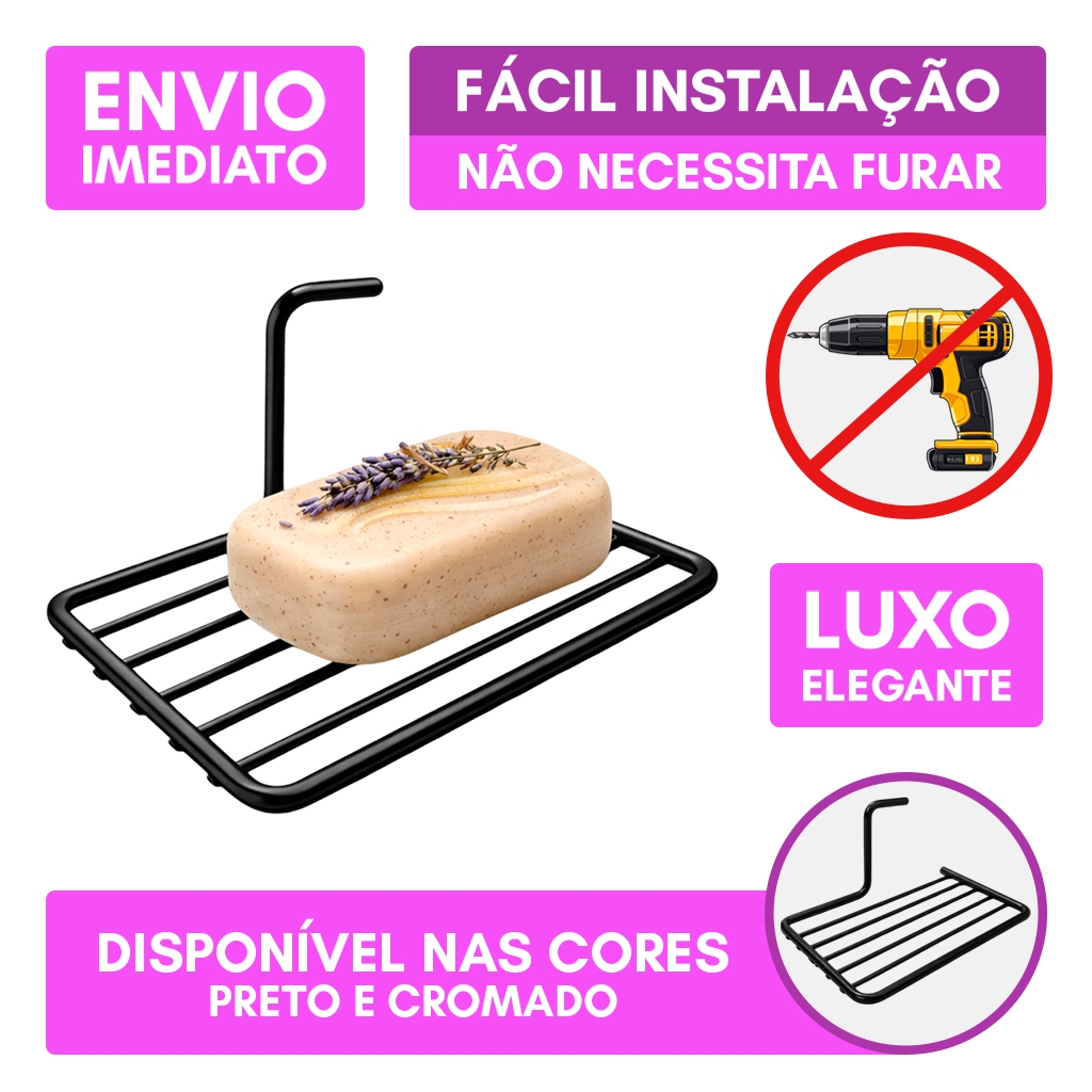 Saboneteira Adesiva Banheiro Pia Box Elegante Resistente Luxo Aço Carbono Sem Furar Preto