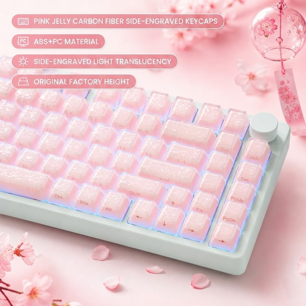Tampas De Chave De Fibra De Carbono Forjadas De Cristal Rosa Elegante Geléia Lado Impresso Keycaps Perfil Cereja Para Te