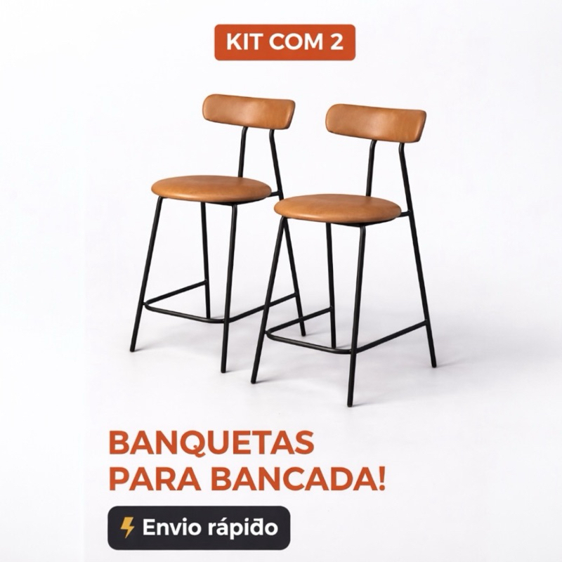 Kit 2 Banquetas Media em Courino Aço Carbono Moderna Elegante Confortável Resistente Área Gourmet Bancada Cozinha