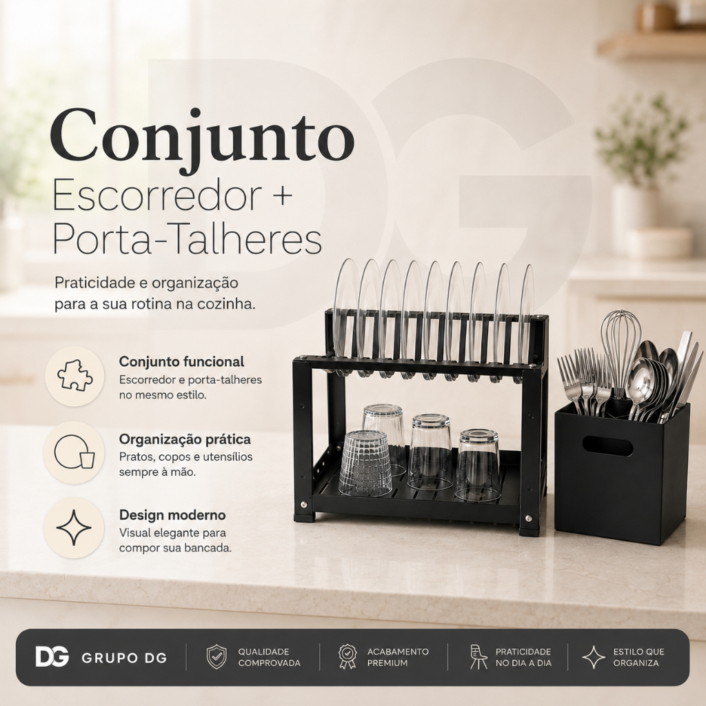 Conjunto Escorredor de Louças com Porta Talheres em Aço Carbono para Cozinha Elegante
