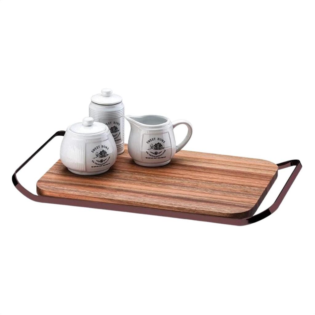 Bandeja de Madeira e Aço Carbono Cantinho do Café Elegante Cor Bronze Pratica Future
