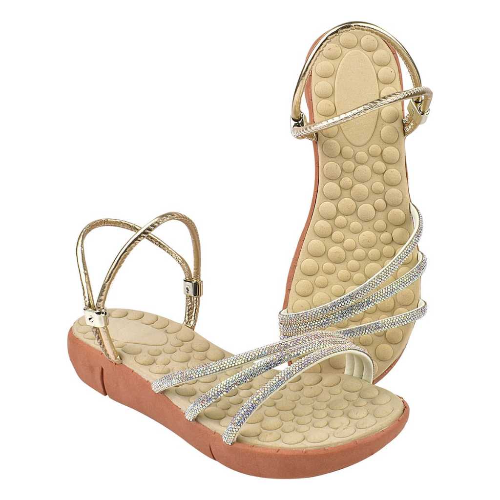 Sandália De Tiras Brilho Casual conforto Palmilha Macia Massageadora Antiderrapante, Rasteira 3 Tiras Strass