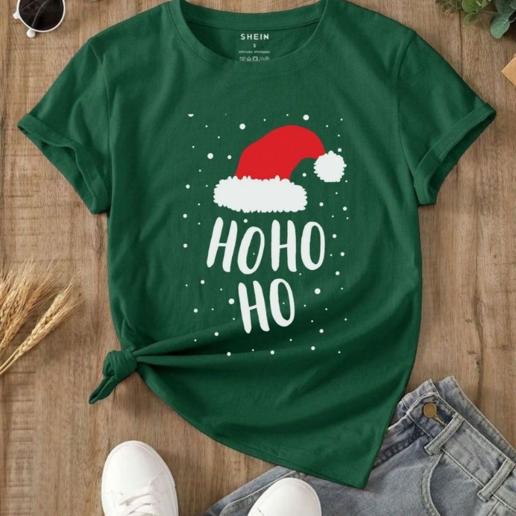 Camiseta Casual 100% Algodão Premium Blusa Natal Familia Camisa Plus Size HOHOHO Envio Rápido