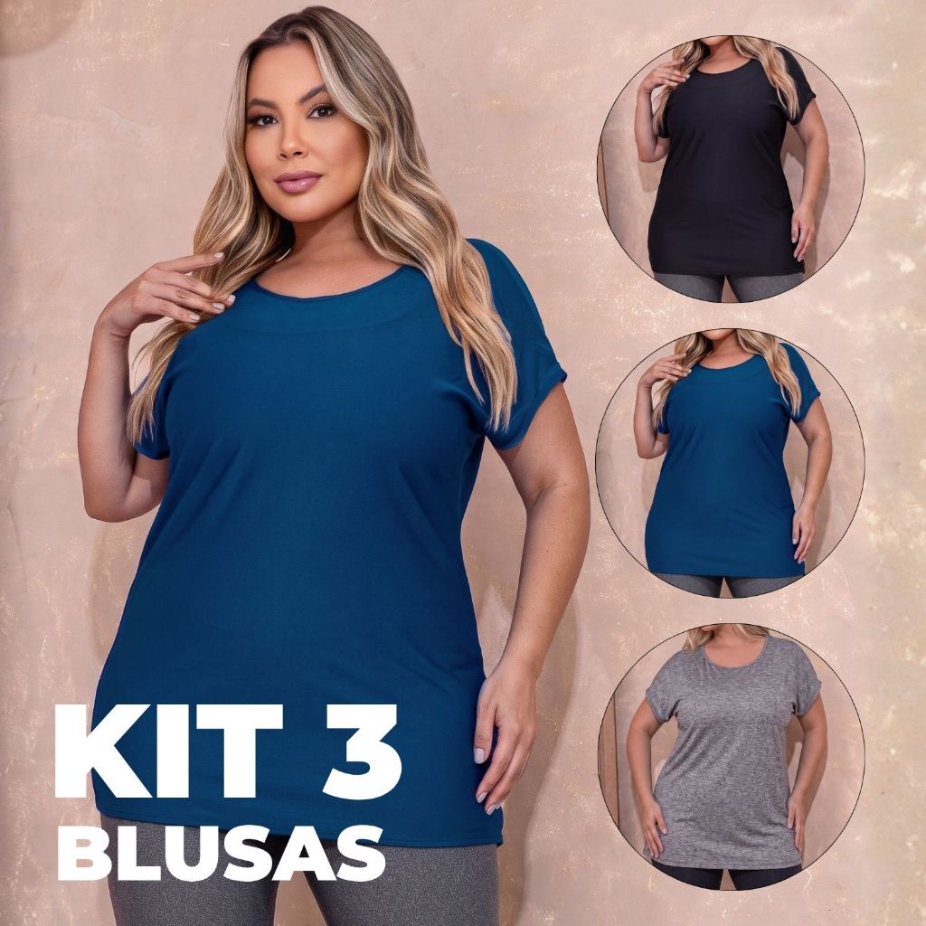 Kit 3 Blusas T-Shirt Femininas Plus Size Academia Básica Seca Rápido Dry Fit Leve Casual Manga Curta