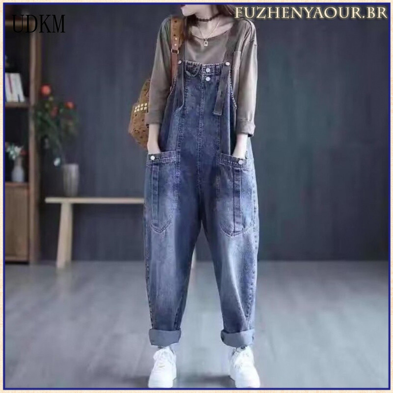 2026 K649 Macacão Jeans Feminino Plus Size Solto Casual Retrô Tamanho Grande PS56
