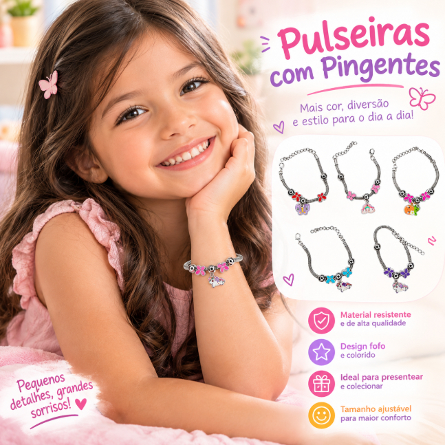 Pulseira Corrente de Cobra Pingente Unicórnio Borboleta Kit 5 Cores Ajustável