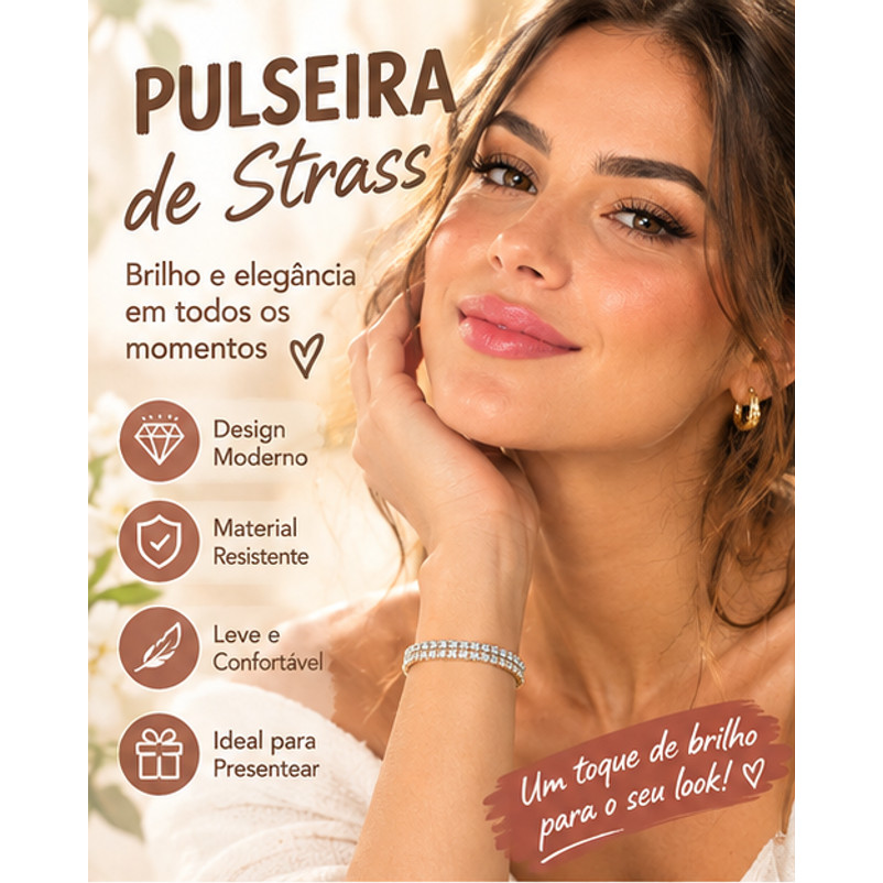 Pulseira Feminina Dourada Dupla Fileira Strass Brilhante Ajustável 1PCS