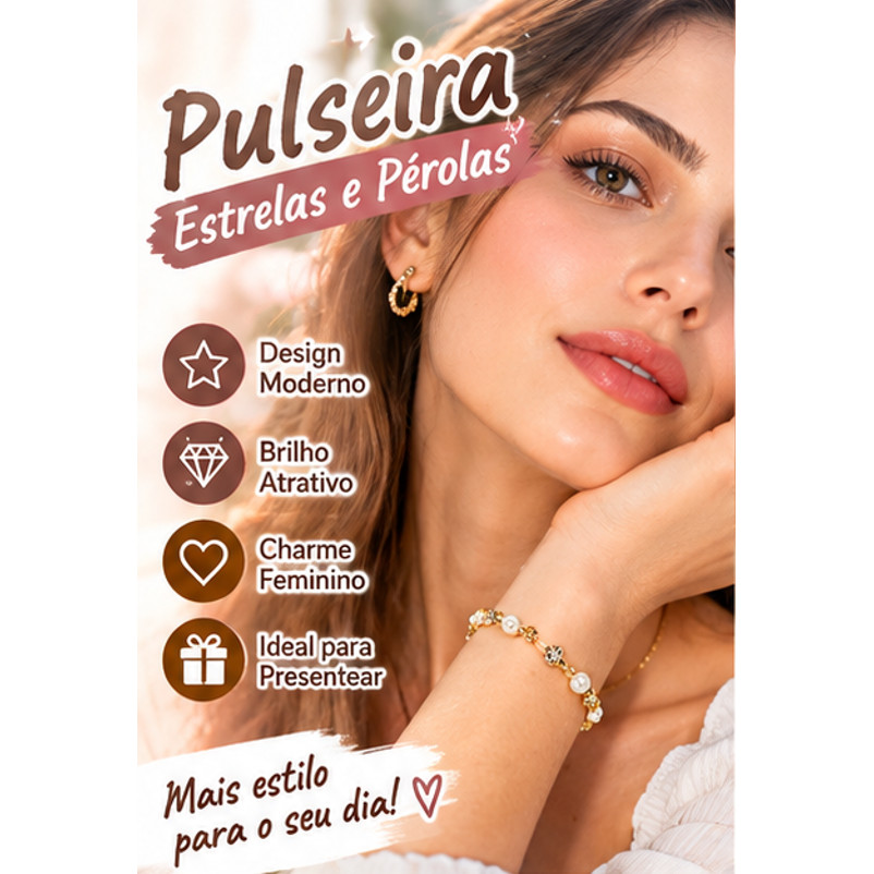 Pulseira Feminina Dourada com Estrelas, Pérolas e Detalhes Florais, Corrente com Extensão, 1PCS