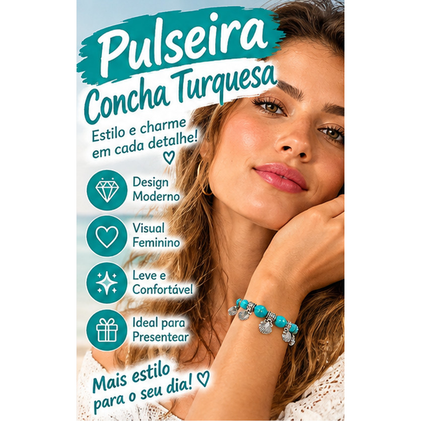 Pulseira Feminina de Contas Turquesa com Pingentes de Concha