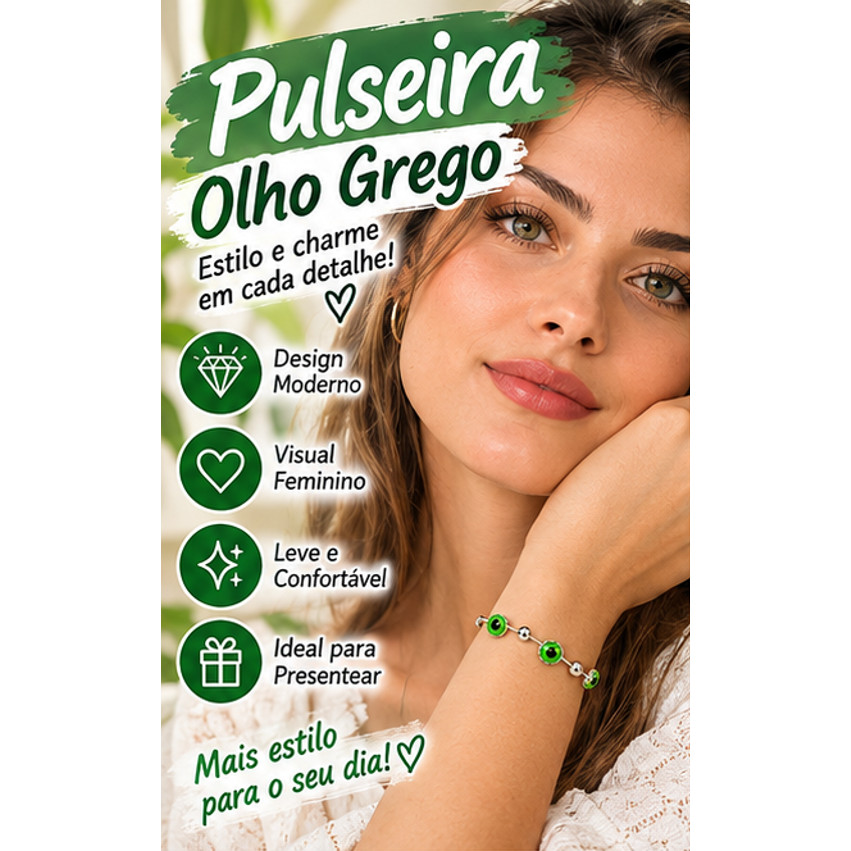 Pulseira Olho Grego Verde e Prata com 3 Contas e Design Aberto