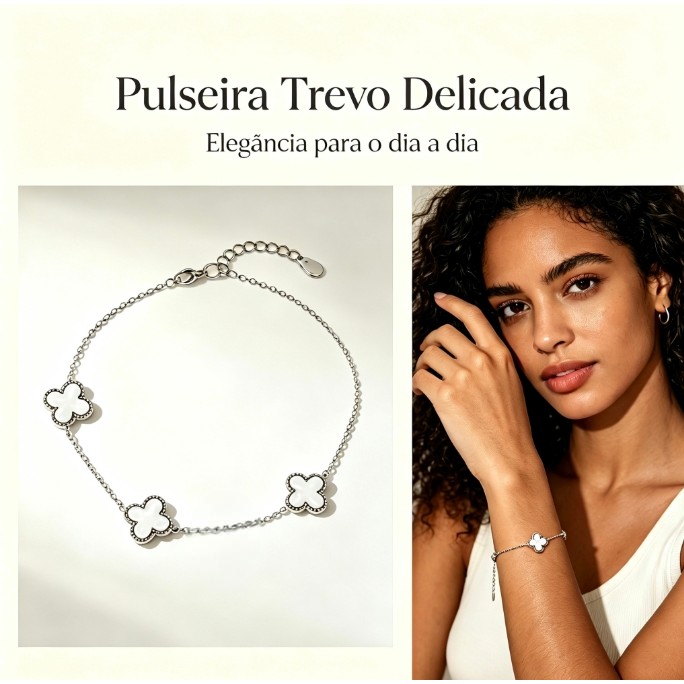 Pulseira Feminina Trevo Quatro Folhas Prata Branca Minimalista Elegante Ajustável, Uso Diário Presente Para Amiga