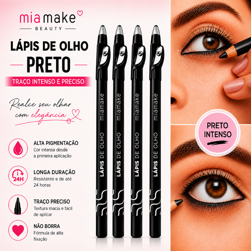 Lápis de Olho Preto Mia Make com Apontador – Traço Preciso e Alta Pigmentação