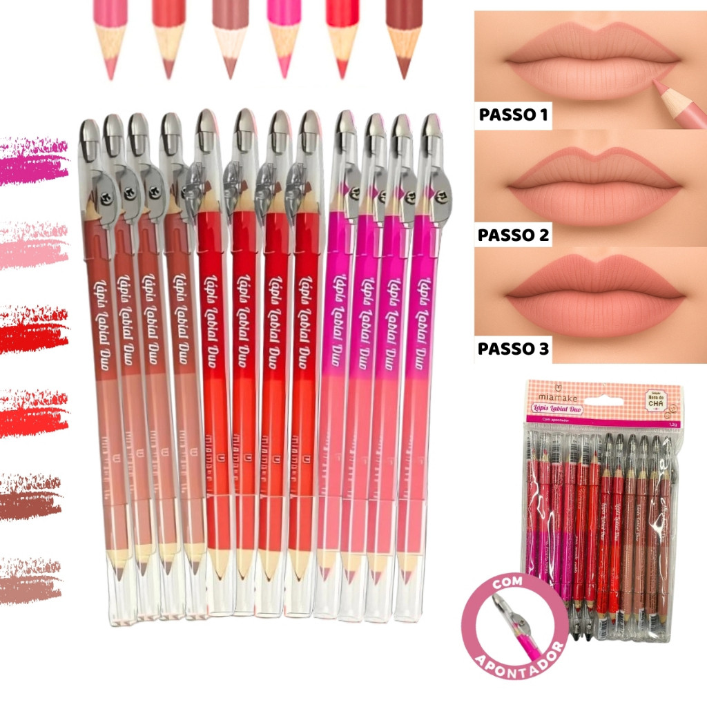 Kit 12 Lápis Contorno Labial Duplo c/ Apontador Macio e Pigmentado Hora do Chá Mia Make