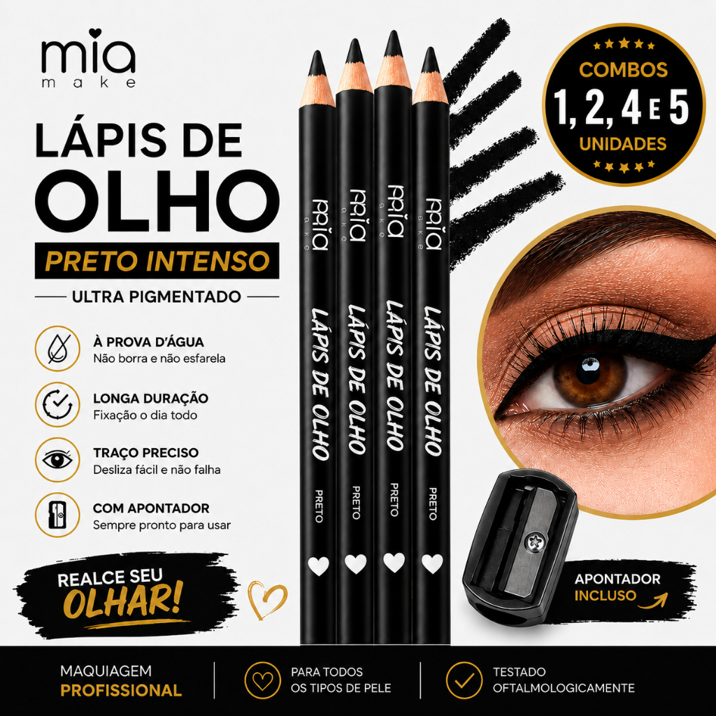 Lápis de Olho Preto Mia Make 282 com Apontador Prova D’Água Não Borra Kit com 1, 2, 4 ou 5 Unidades