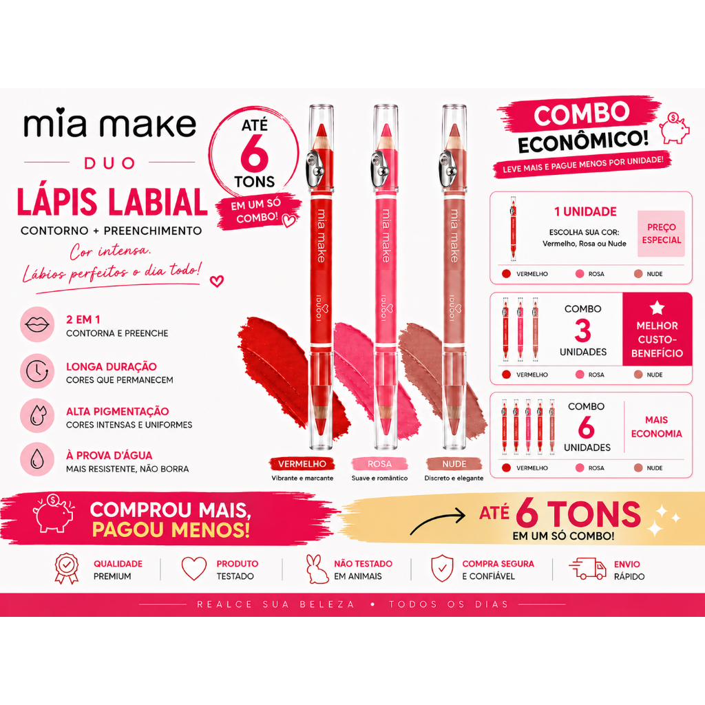 Lápis Labial Duo Mia Make com Apontador Maquiagem Profissional Alta Fixação Combo