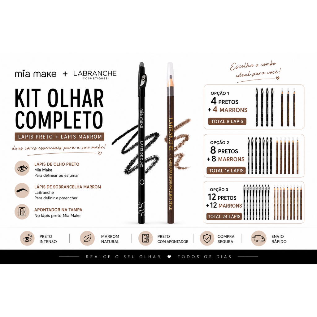 Kit 2 Itens Lápis de Olho Preto com Apontador Mia Make + Lápis para Sobrancelha LaBranche Essencial para sua Maquiagem