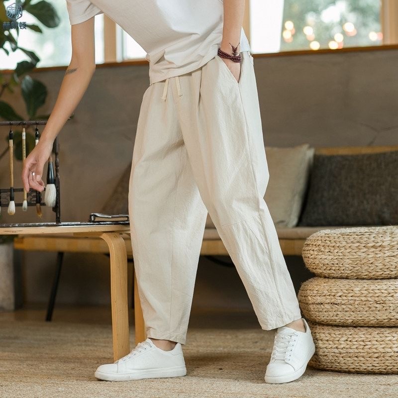 Calças casuais masculinas primavera calças de linho soltas estilo fino respirável algodão linho calças retas estilo chin