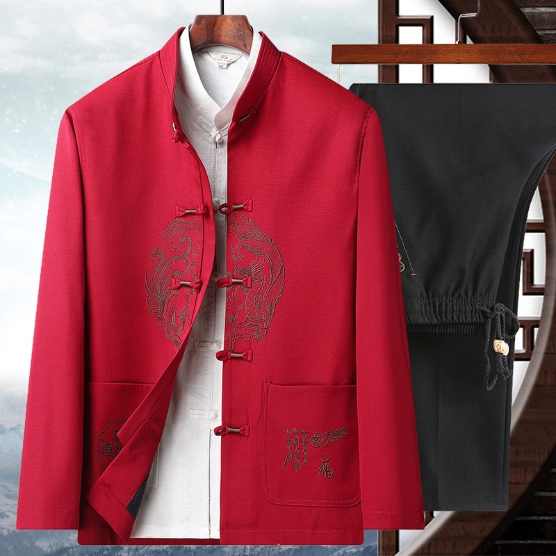 T Tang terno masculino de meia-idade idosos primavera outono roupas pai terno idosos aniversário vovô roupas estilo chin