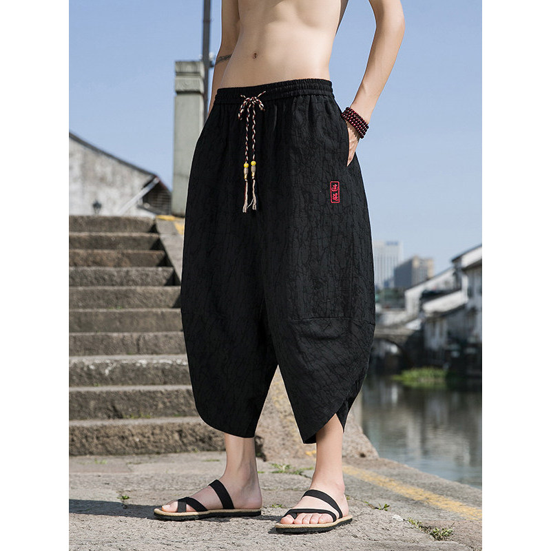 Novo estilo chinês bordado linho calças cortadas verão fino calças de praia tamanho grande calças masculinas estilo chin