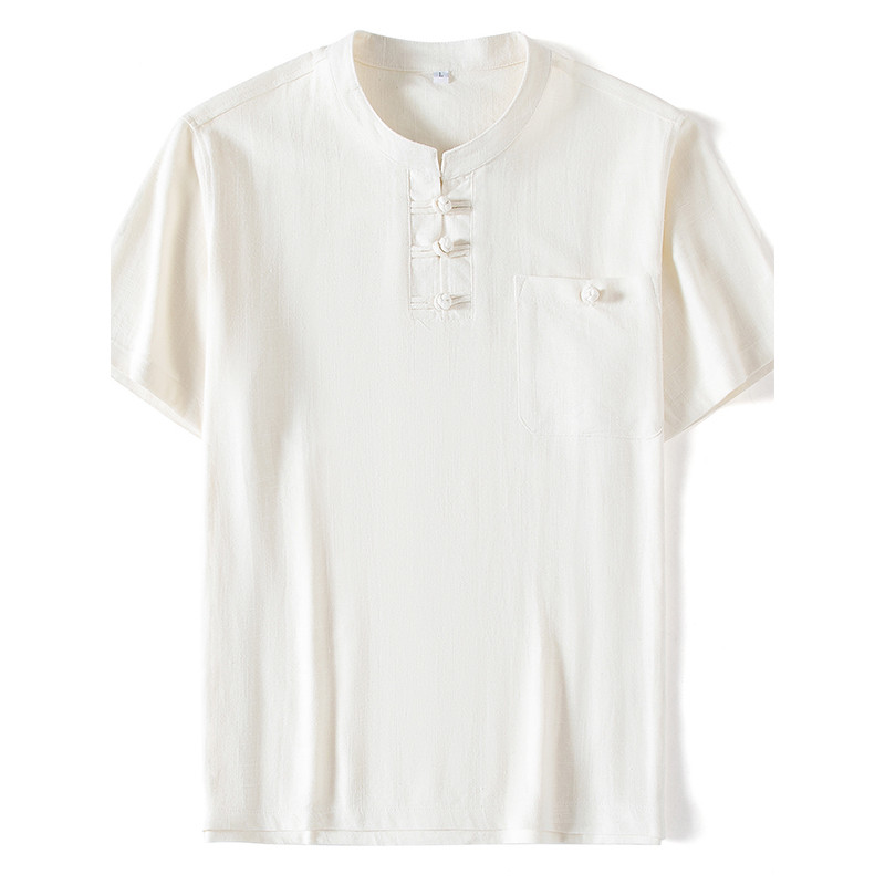 Camiseta de manga curta masculina de linho de manga curta verão algodão linho Plus Size novo estilo chinês pai topo chin