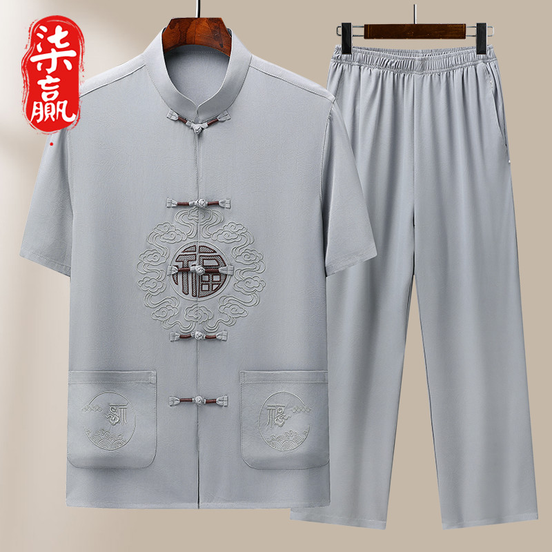 Terno Tang para idosos de meia-idade, masculino, verão, manga curta, algodão, solto, Casual, tamanho grande, estilo chin