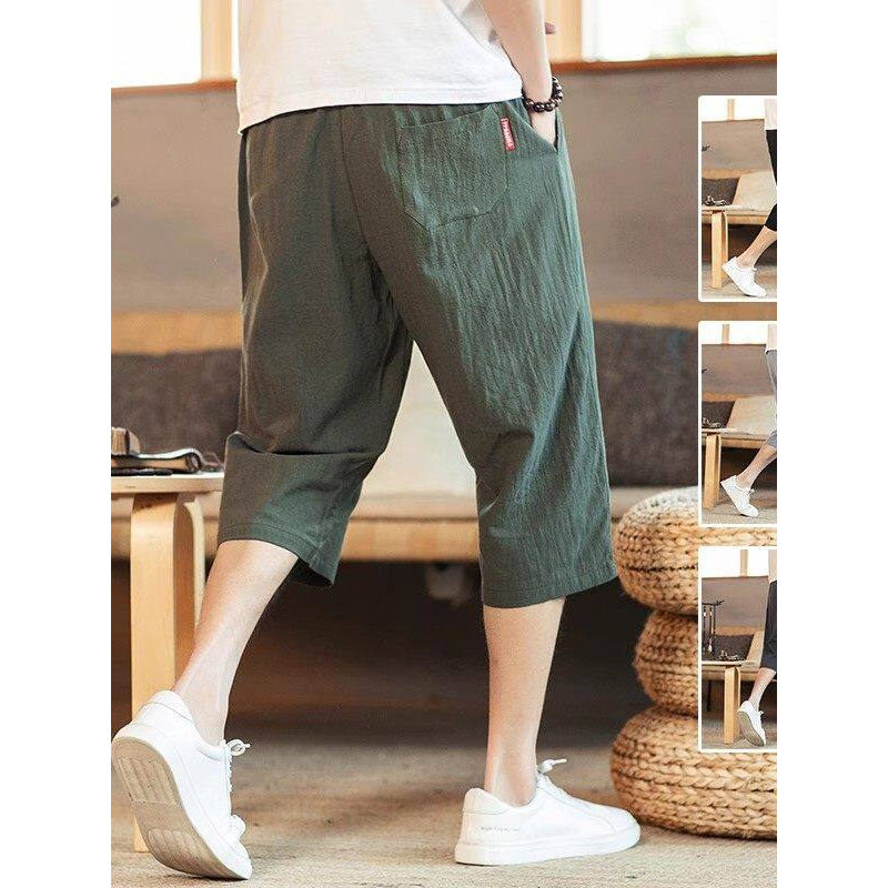 Calças cortadas de linho masculinas verão estilo fino calças casuais de seda gelo calças de linho de algodão estilo chin