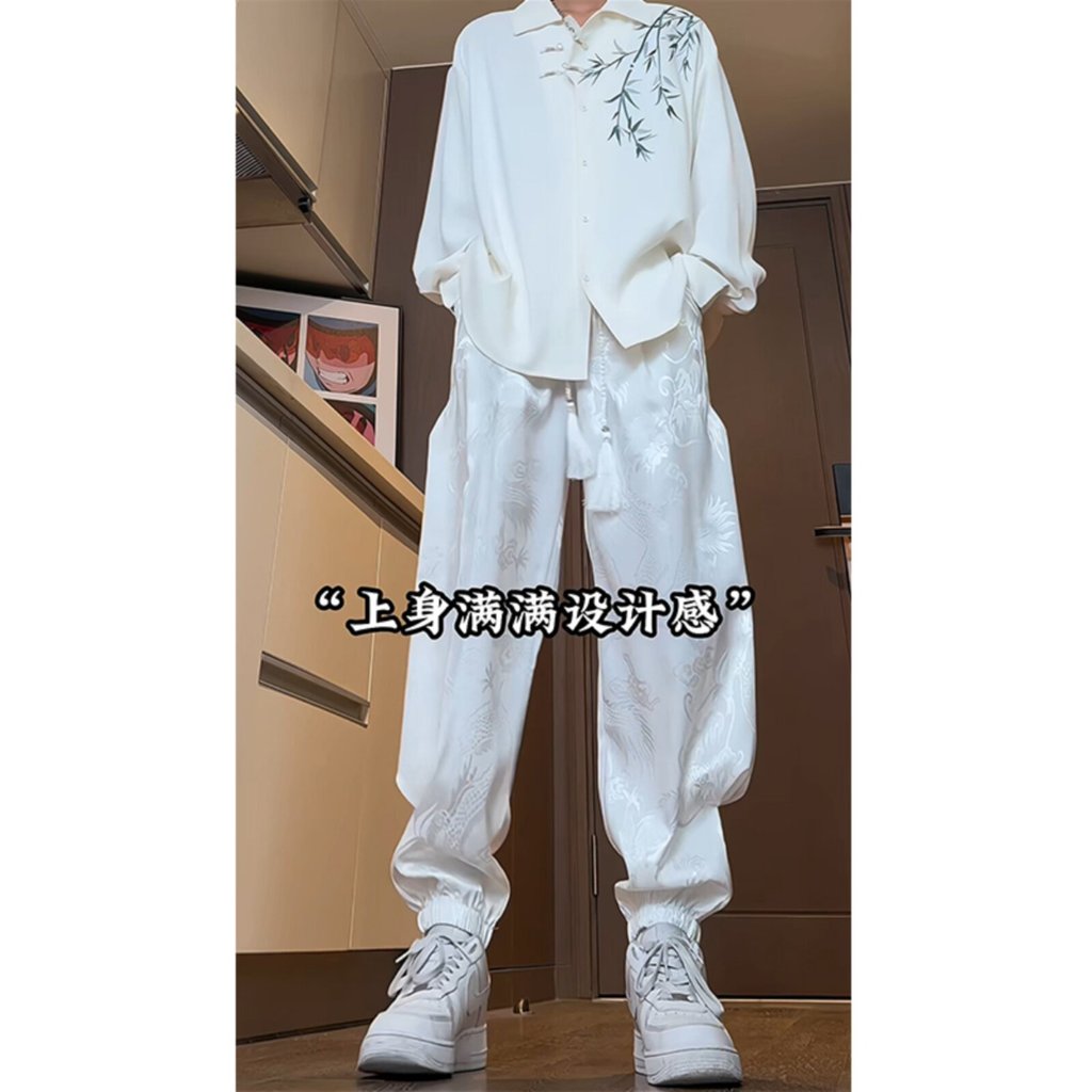 Dragão padrão acetato Jacquard calças de seda gelo Design masculino sentir combinando novo estilo chinês luz estilo chin