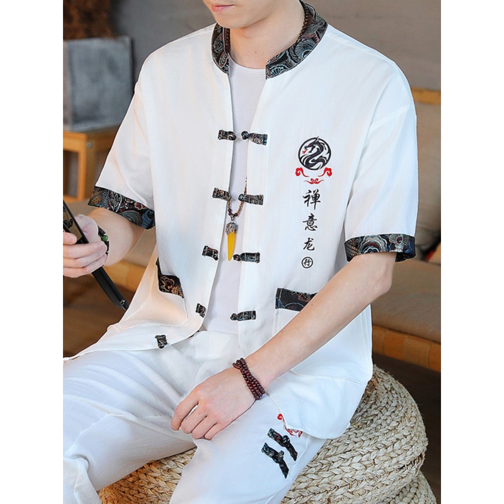 Estilo chinês verão gelo seda fivela de manga curta camiseta terno masculino Casual Tang terno Hanfu chinês na moda chin