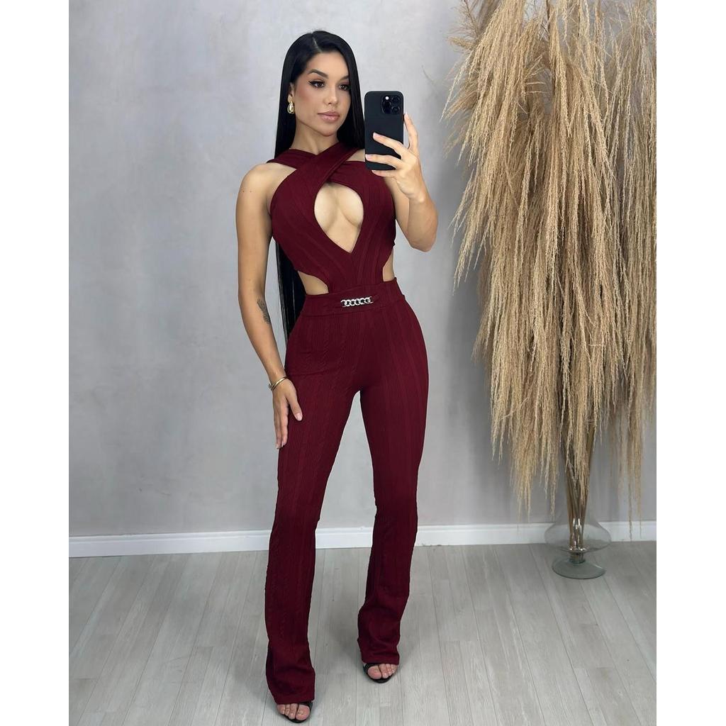 Macacão Longo Modelador Elegante com Decote Vazado – Tecido Anarruga
