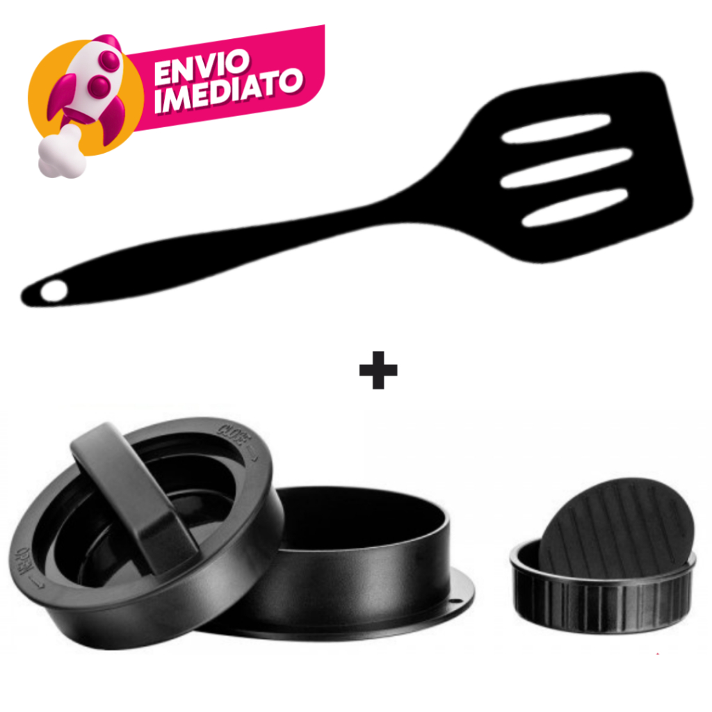 Kit Hamburgueira Forma Modeladora ABS 3X1 Artesanal E Espátula Vazada Silicone Lanches Restaurante