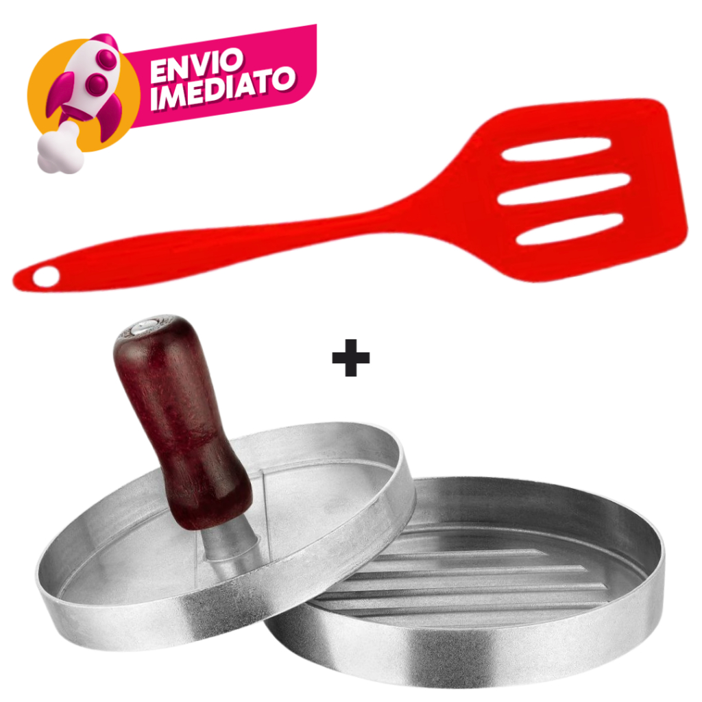 Kit Forma Modeladora Hamburguer Alumínio E Espátula Vazada Silicone Para Lanches Restaurante Bar