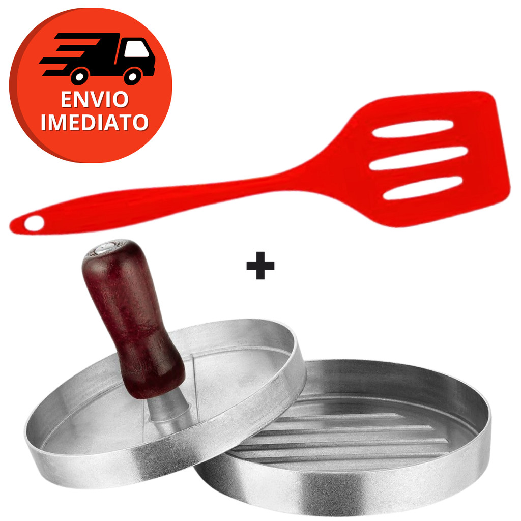 Kit Forma Modeladora Hamburguer Alumínio E Espátula Vazada Silicone Para Lanches Restaurante Bar