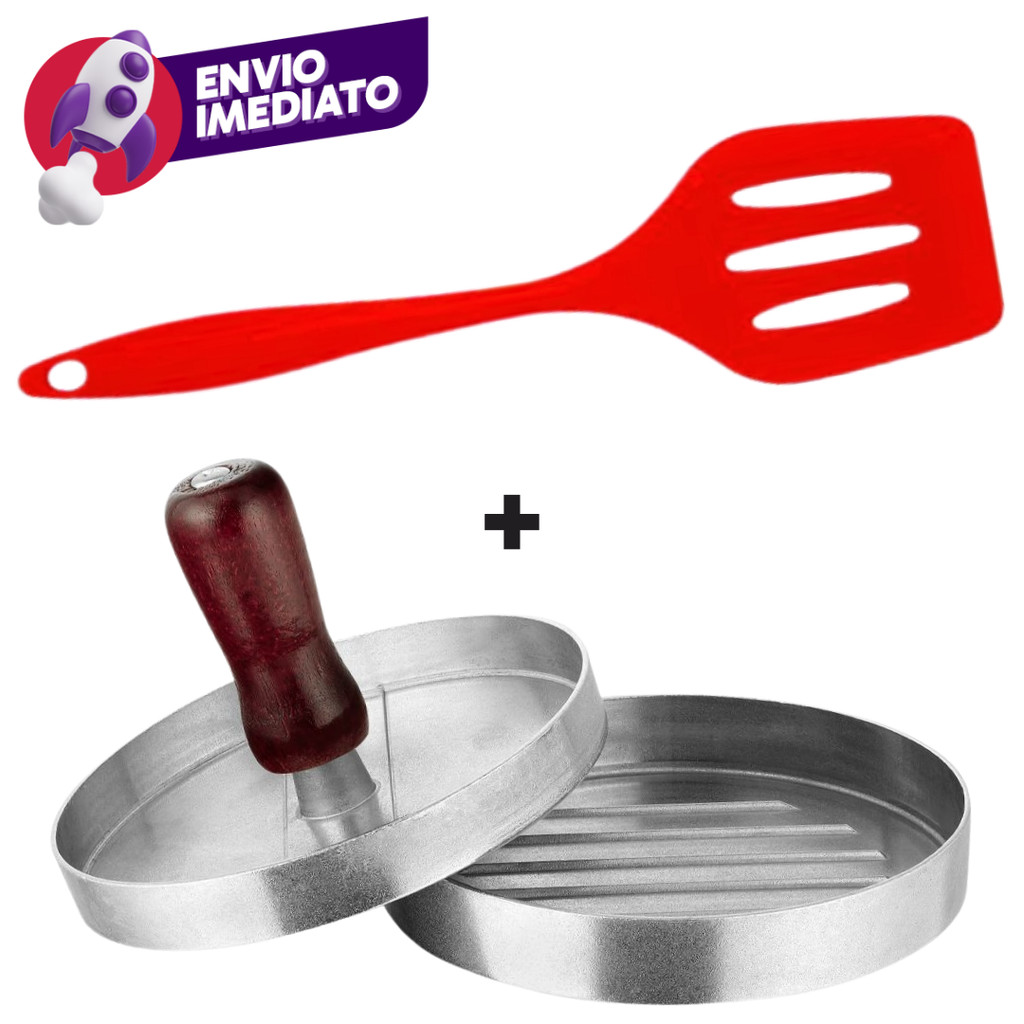 Kit Forma Modeladora Hamburguer Alumínio E Espátula Vazada Silicone Para Lanches Restaurante Bar