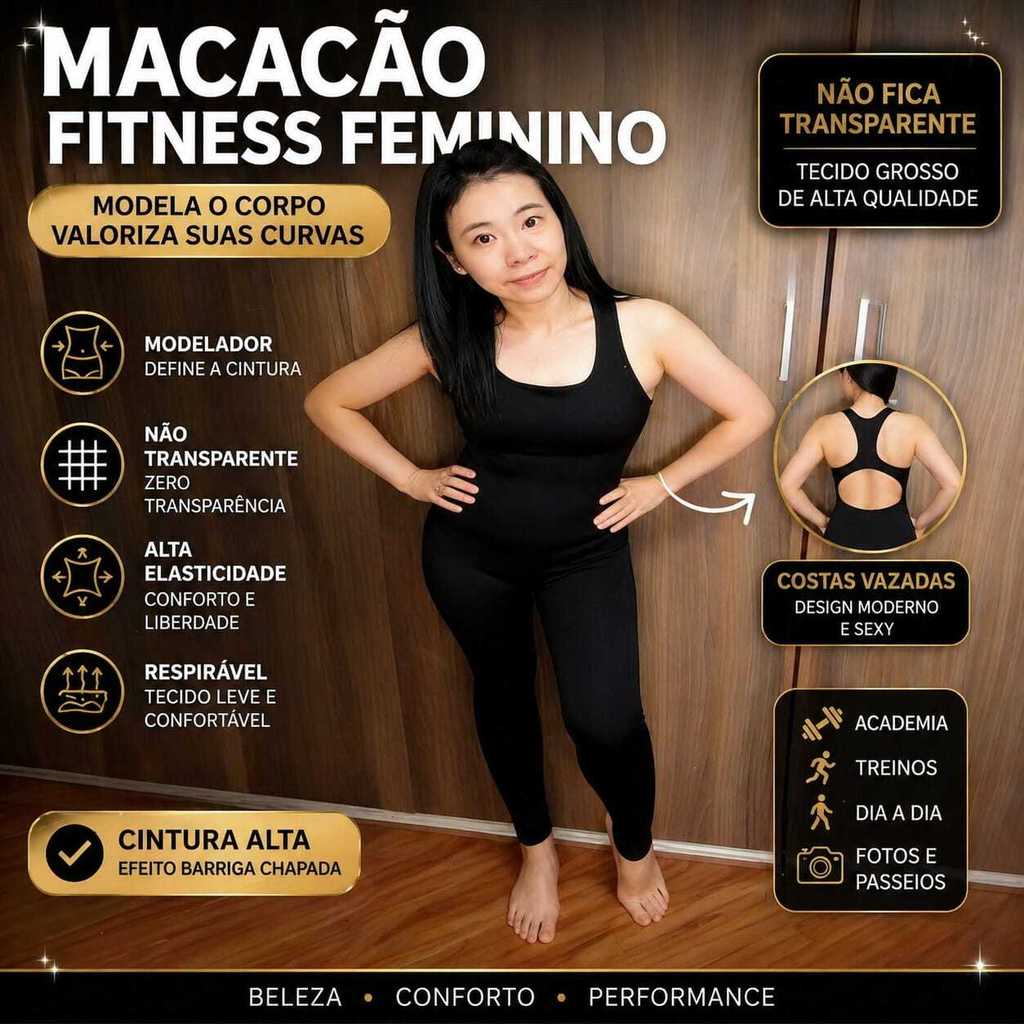 Macacão Fitness Feminino Costas Vazadas Modelador Não Transparente Bojo Removível Academia B40