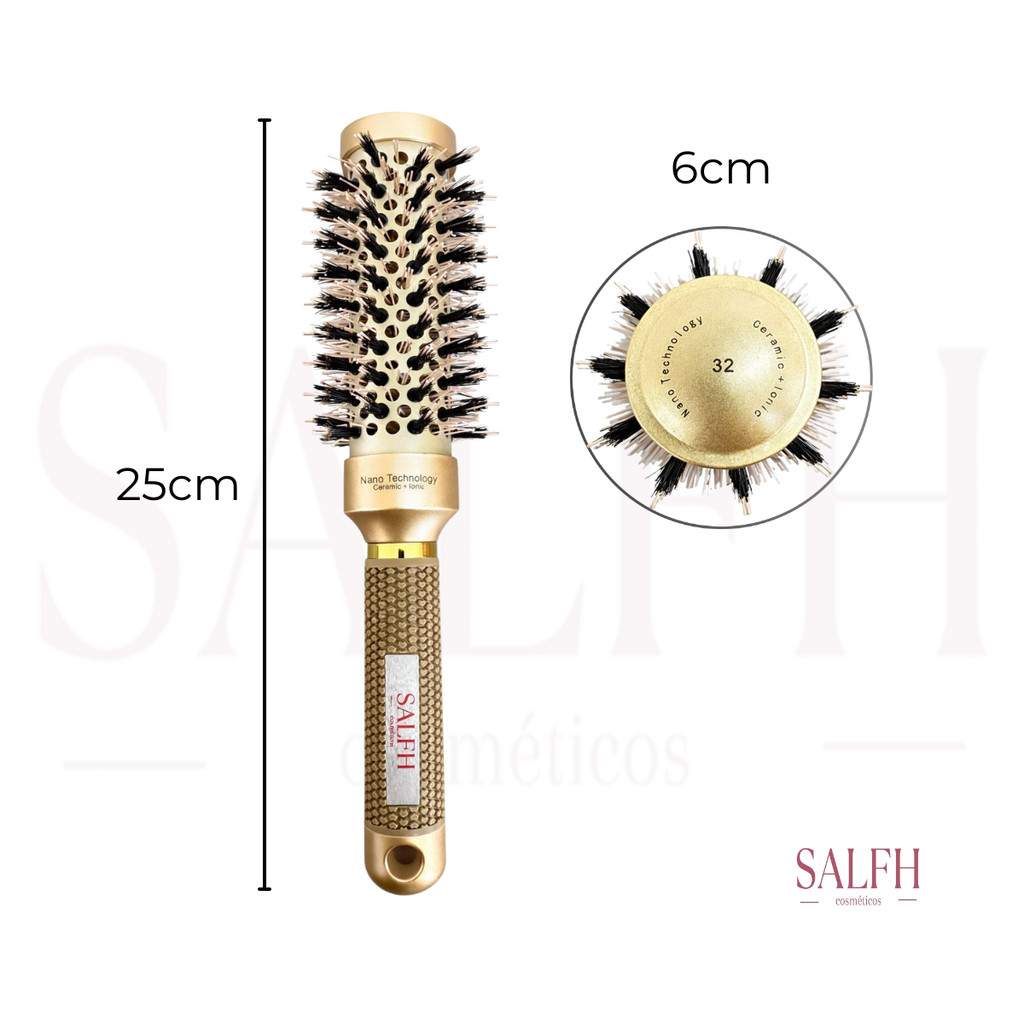 Escova Profissional Vazada 60mm – Cerdas de Javali + Nylon Nano Technology, Modeladora Dourada