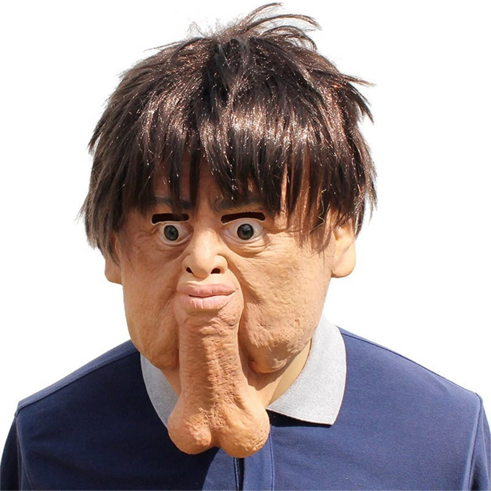 Funny Ugly Man Latex Mask with Hair Weird Long Chin Full Head Mask Halloween Party Prank Cosplay Costume Prop