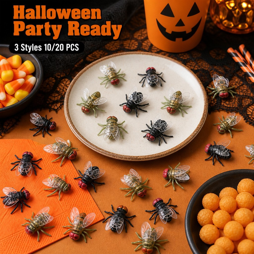 10/20 Pcs Halloween Plastic Fly Props Insetos Falsos 3 Estilos Para Decoração De Mesa Interna Assustadora