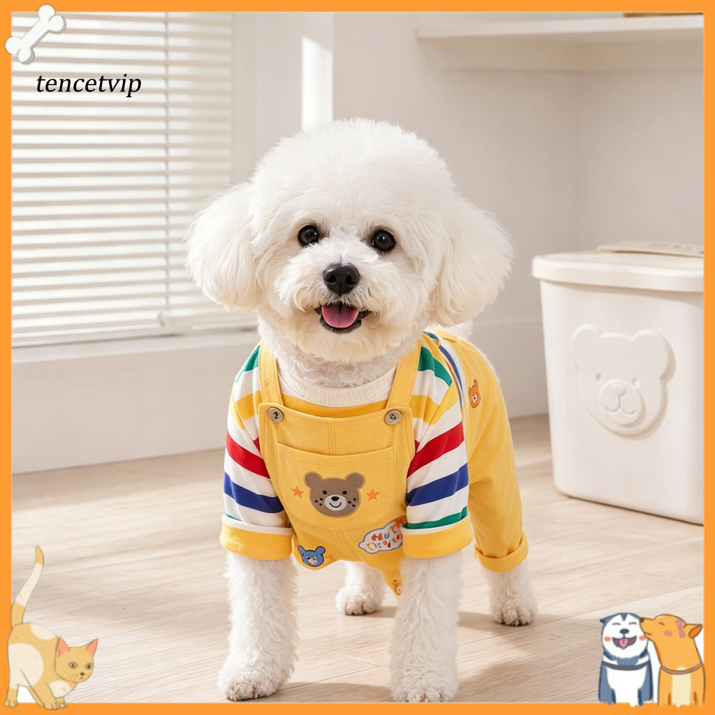 Puppy Jumpsuit Dog Four-leg Clothes Colorful Striped with Cute Bear Prints – Cozy Onesie for Small Dogs Perfect Pet fo