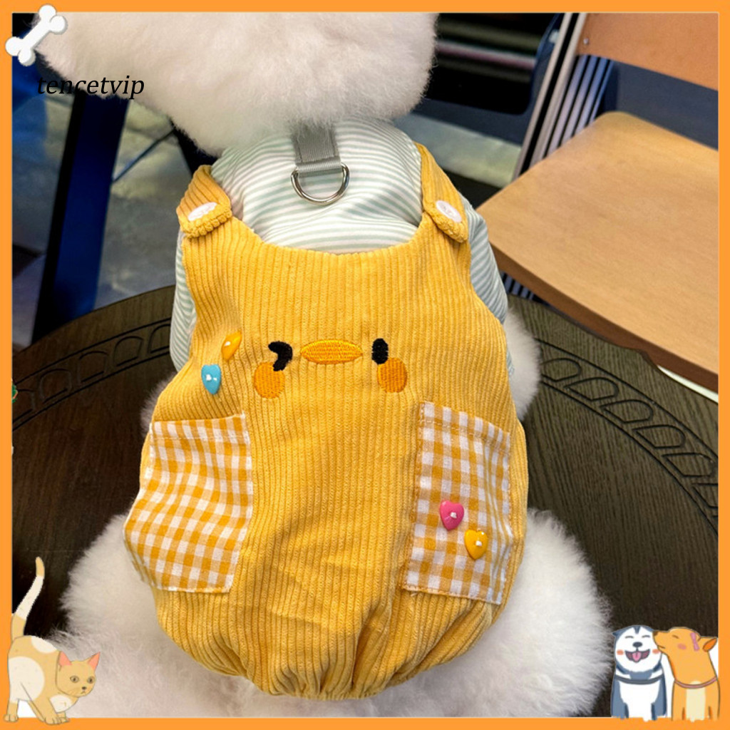 Pet Shirt Dog with Leash Ring Cute Duck Embroidered Striped T-shirt Corduroy Romper Plaid Pockets Stylish Two-piece Outf