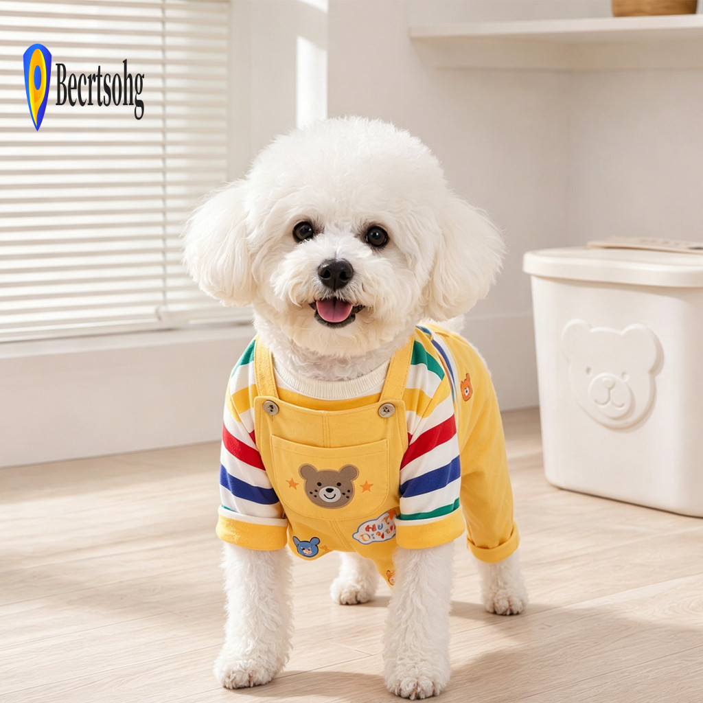 Puppy Jumpsuit Cartoon Pattern Dog Wear Colorful Striped with Cute Bear Prints – Cozy Four-leg Onesie for Small Dogs S