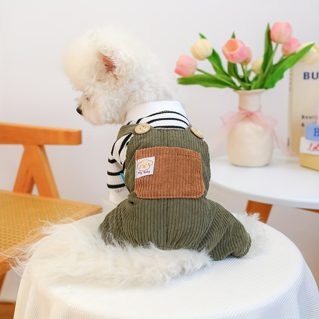 Cozy Winter Dog Romper for Small & Medium Pets - Striped Snap-Fit Outfit with Adjustable Straps & Pocket, Soft Warm Jump