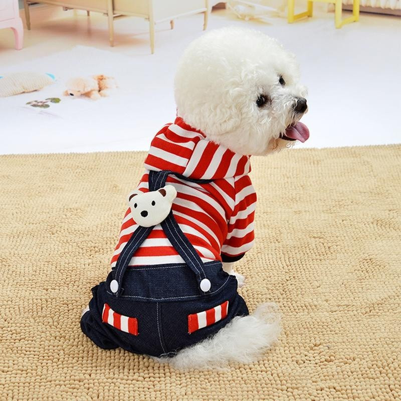 Dog Clothes Striped Denim Skirt Strap Pants with Cute Bear, Pet Accessories Spring Summer Pet Cat Clothing for Yorkie Ch