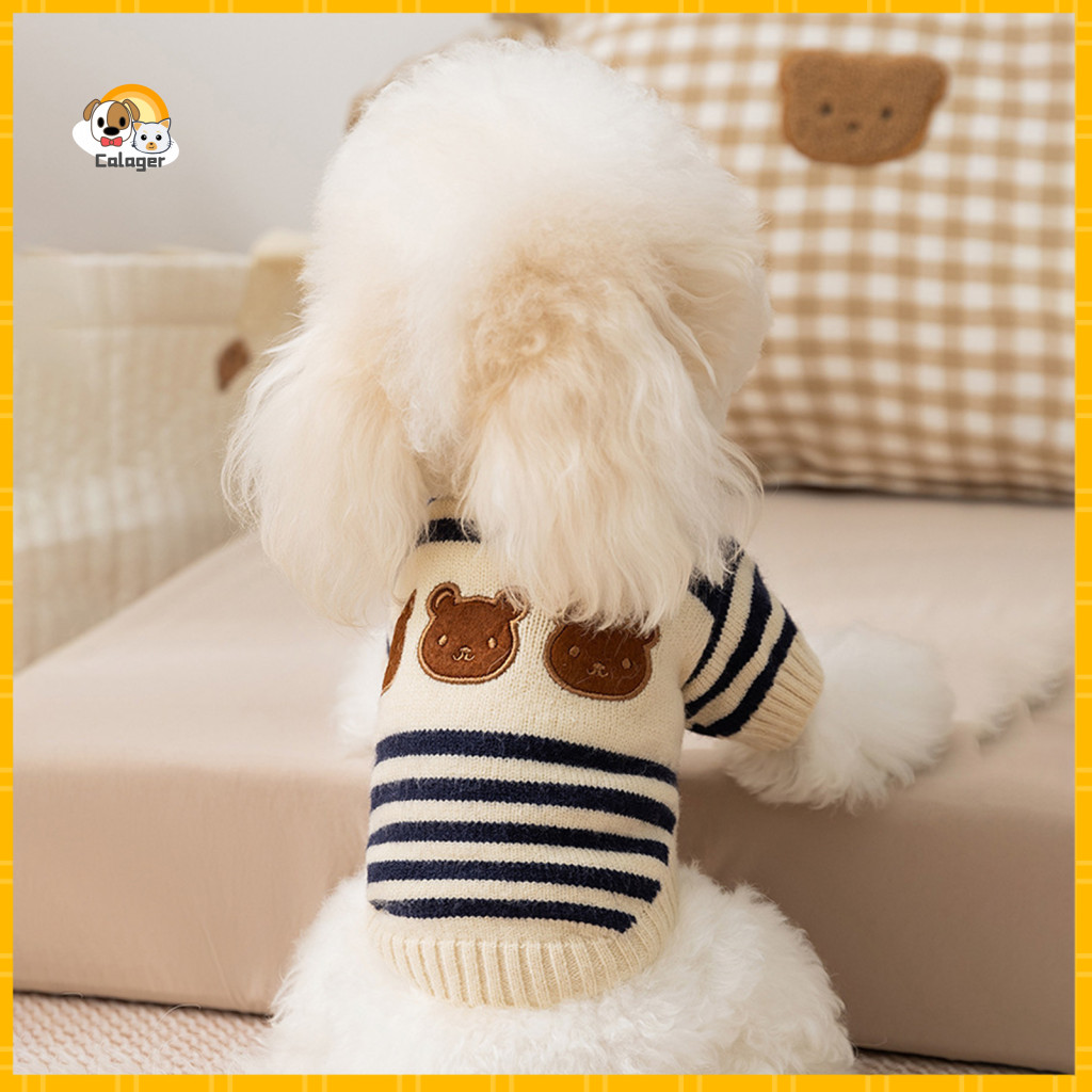 Soft and Warm Dog Sweater Trendy Pet Accessories Cute Striped with Bear Pattern – Stretchy Knitted Pullover for Small