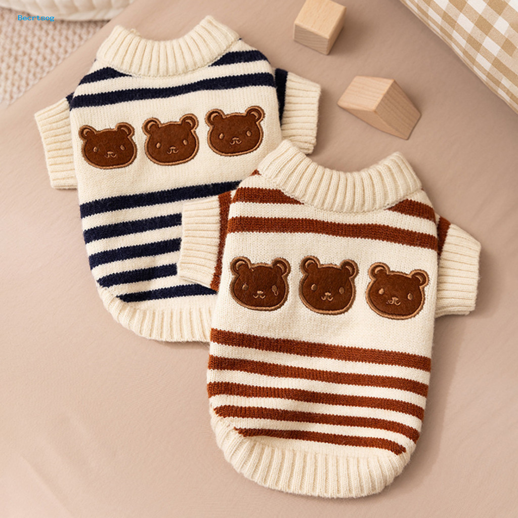 Premium Pet Clothing Clothes for Weather Cute Striped Dog Sweater with Bear Pattern – Warm Stretchy Knitted Pullover f
